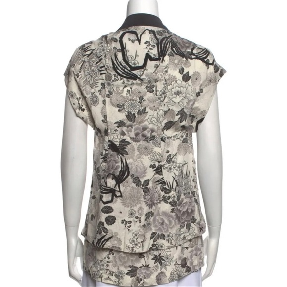 Mayle Sz 2 Black Floral Toile 100% Silk Pleated Ruffle Peplum Keyhole xs Blouse - Picture 6 of 10